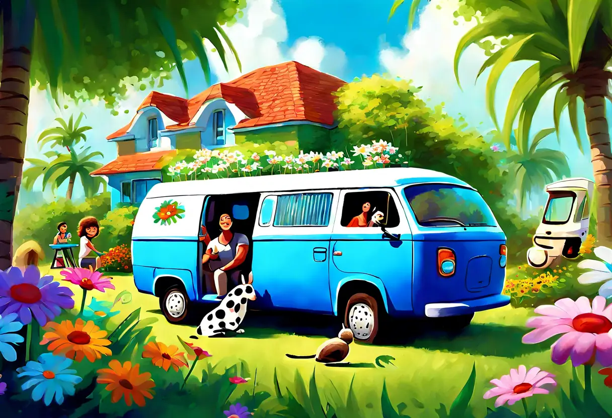 A family enjoying their pest-free garden with a Coconut Pest Control van in the background.