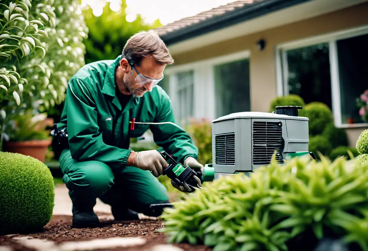A technician inspecting a home for pests with eco-friendly equipment.